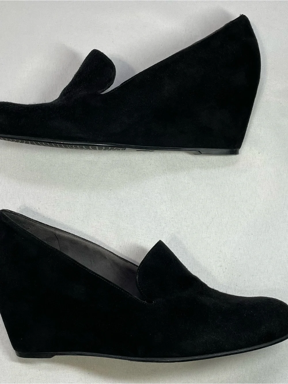 VTG STUART WEITZMAN Black Suede Wedge Loafers Office Siren Whimsigoth Size 9.5 - Picture 2 of 13
